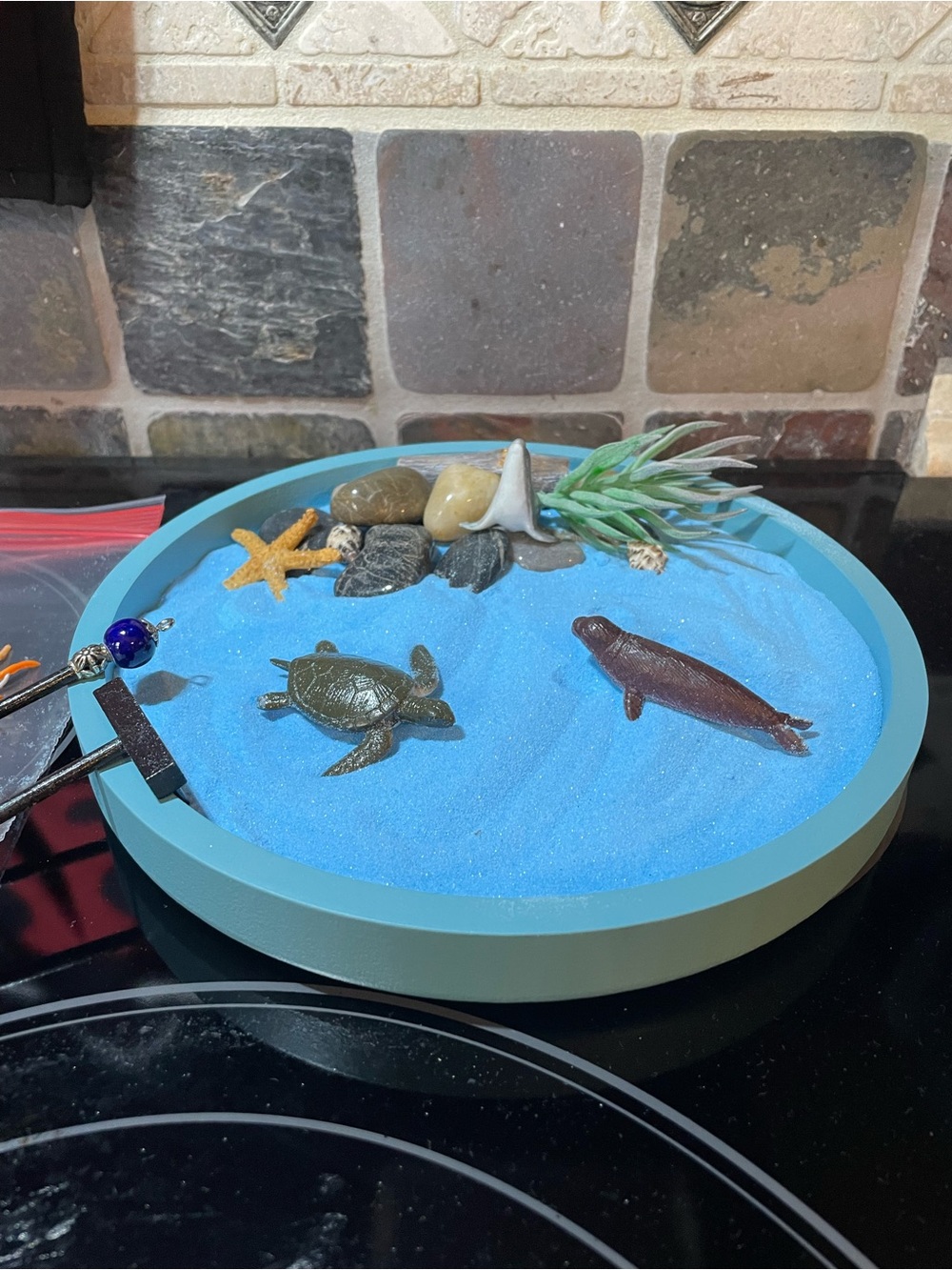Ocean Zen Garden with container, sand, plastic ocean pieces, and more